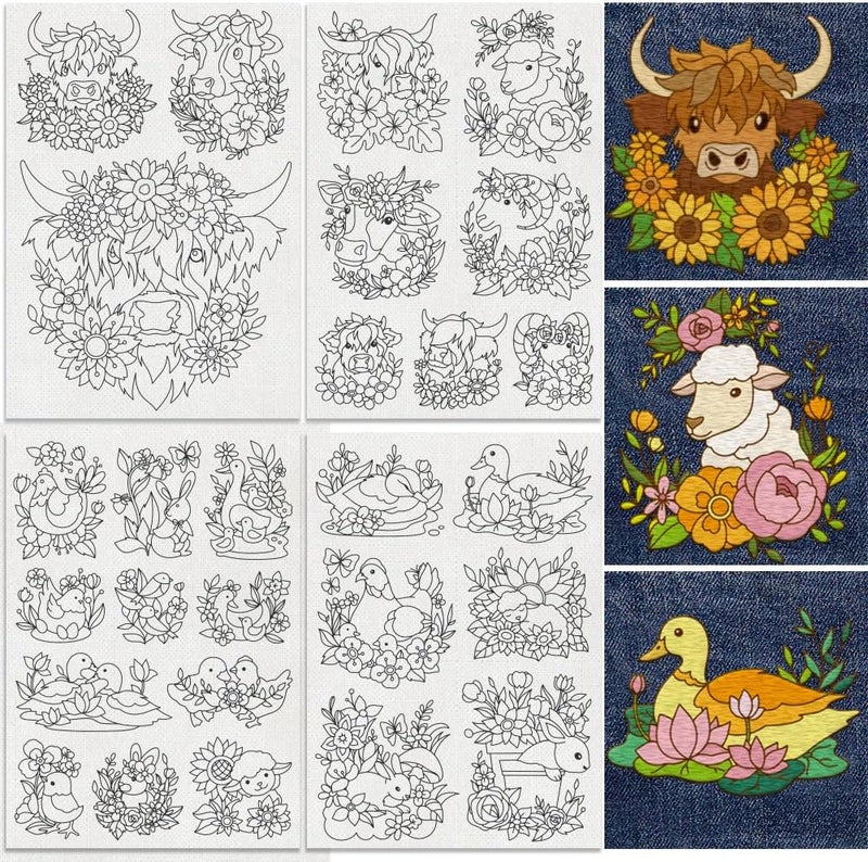 DOODLREAM 27Pcs Farm Animals and Flowers Embroidery Pattern Stabilizer, 8.3"x11.7" Highland Cow Sheep Water Soluble Stick and Stitch Embroidery Sticker, 4 Sheets Rabbit Duck Hand Sewing DIY Embroidery Paper - Image 1